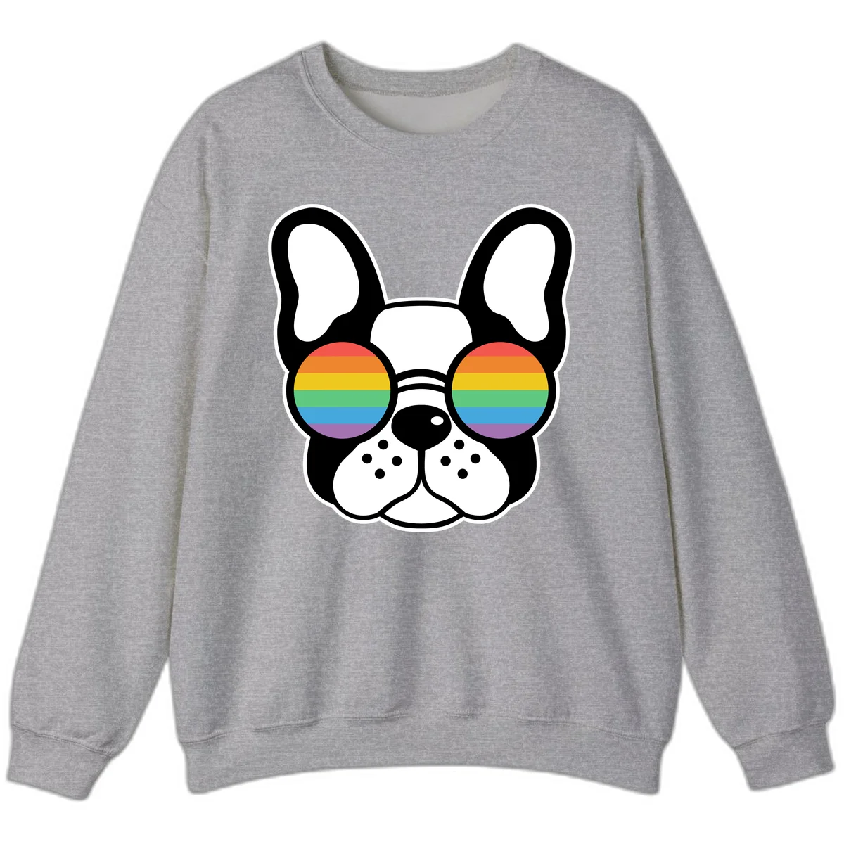 Black and white French Bulldog wearing round sunglasses with rainbow pride flag stripes in red, orange, yellow, green, blue, and purple. in Sport Grey