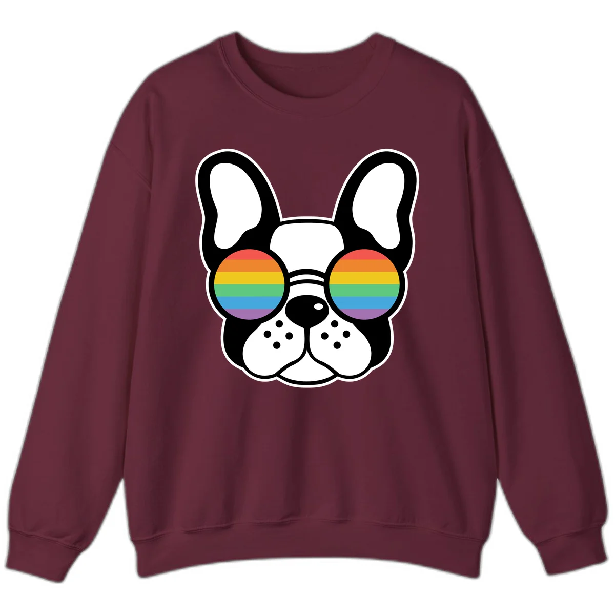 Black and white French Bulldog wearing round sunglasses with rainbow pride flag stripes in red, orange, yellow, green, blue, and purple. in Maroon