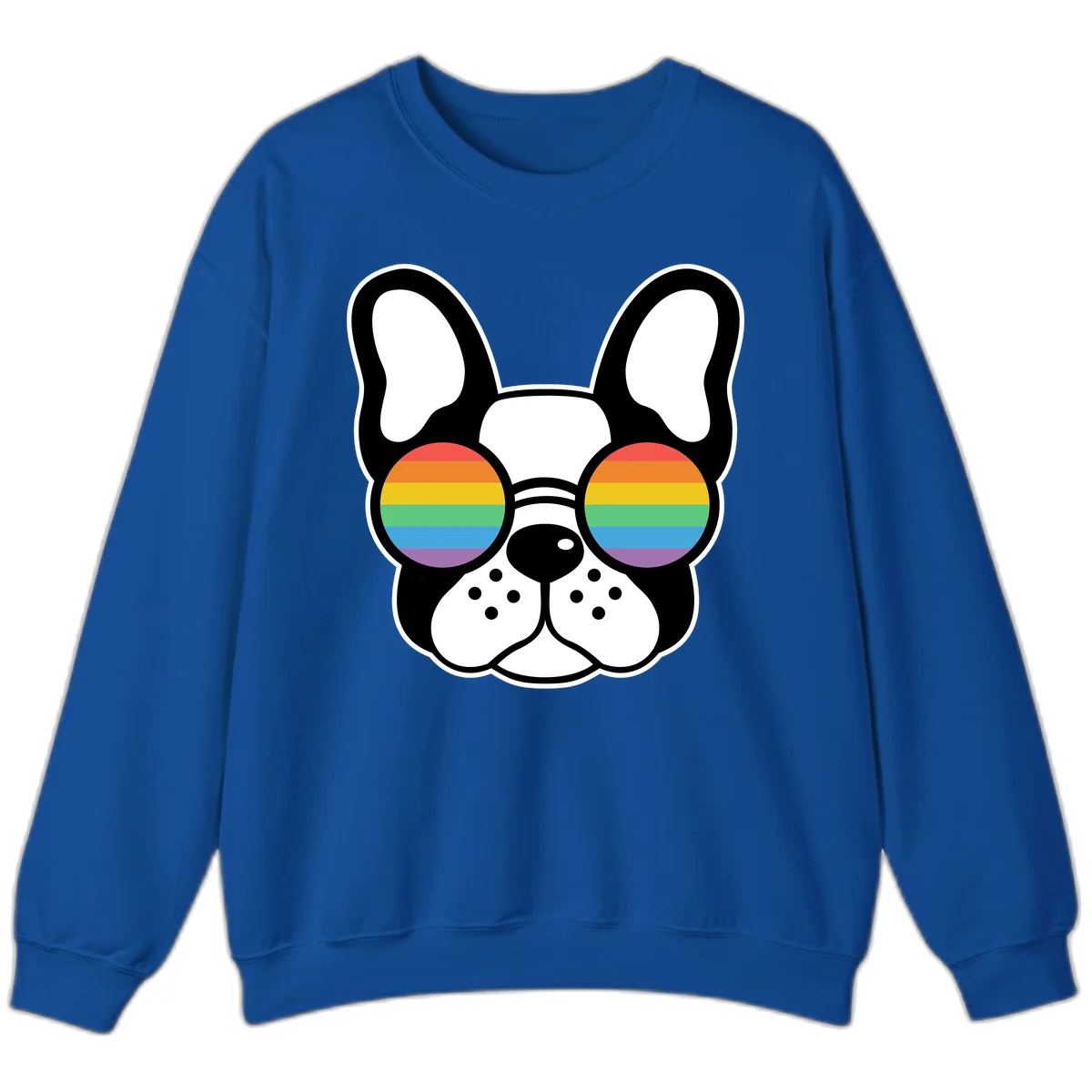 Black and white French Bulldog wearing round sunglasses with rainbow pride flag stripes in red, orange, yellow, green, blue, and purple. in Royal