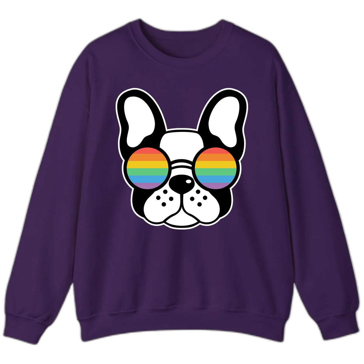 Black and white French Bulldog wearing round sunglasses with rainbow pride flag stripes in red, orange, yellow, green, blue, and purple. in Purple