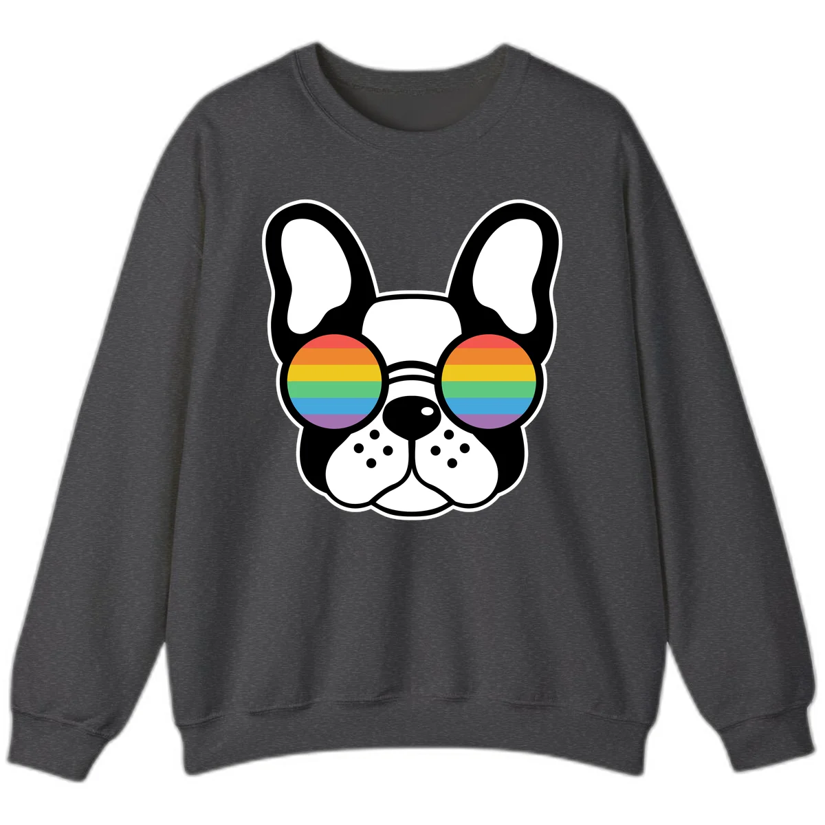 Black and white French Bulldog wearing round sunglasses with rainbow pride flag stripes in red, orange, yellow, green, blue, and purple. in Dark Heather