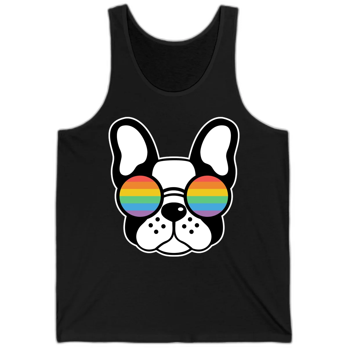 Black and white French Bulldog wearing round sunglasses with rainbow pride flag stripes in red, orange, yellow, green, blue, and purple. in Black