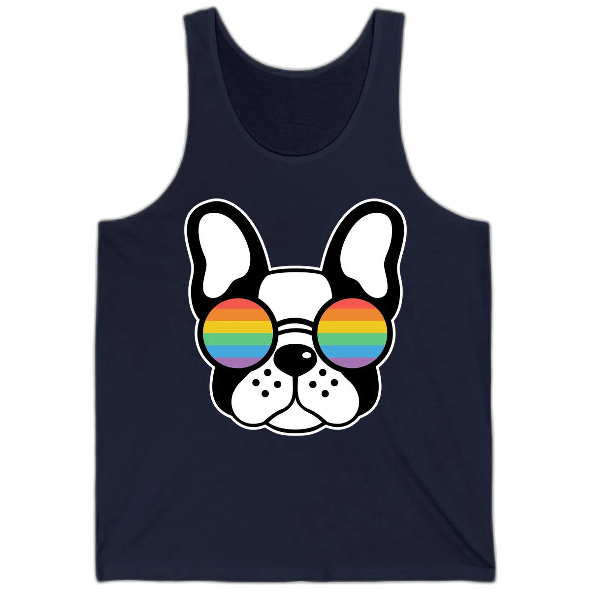 Black and white French Bulldog wearing round sunglasses with rainbow pride flag stripes in red, orange, yellow, green, blue, and purple. in Navy