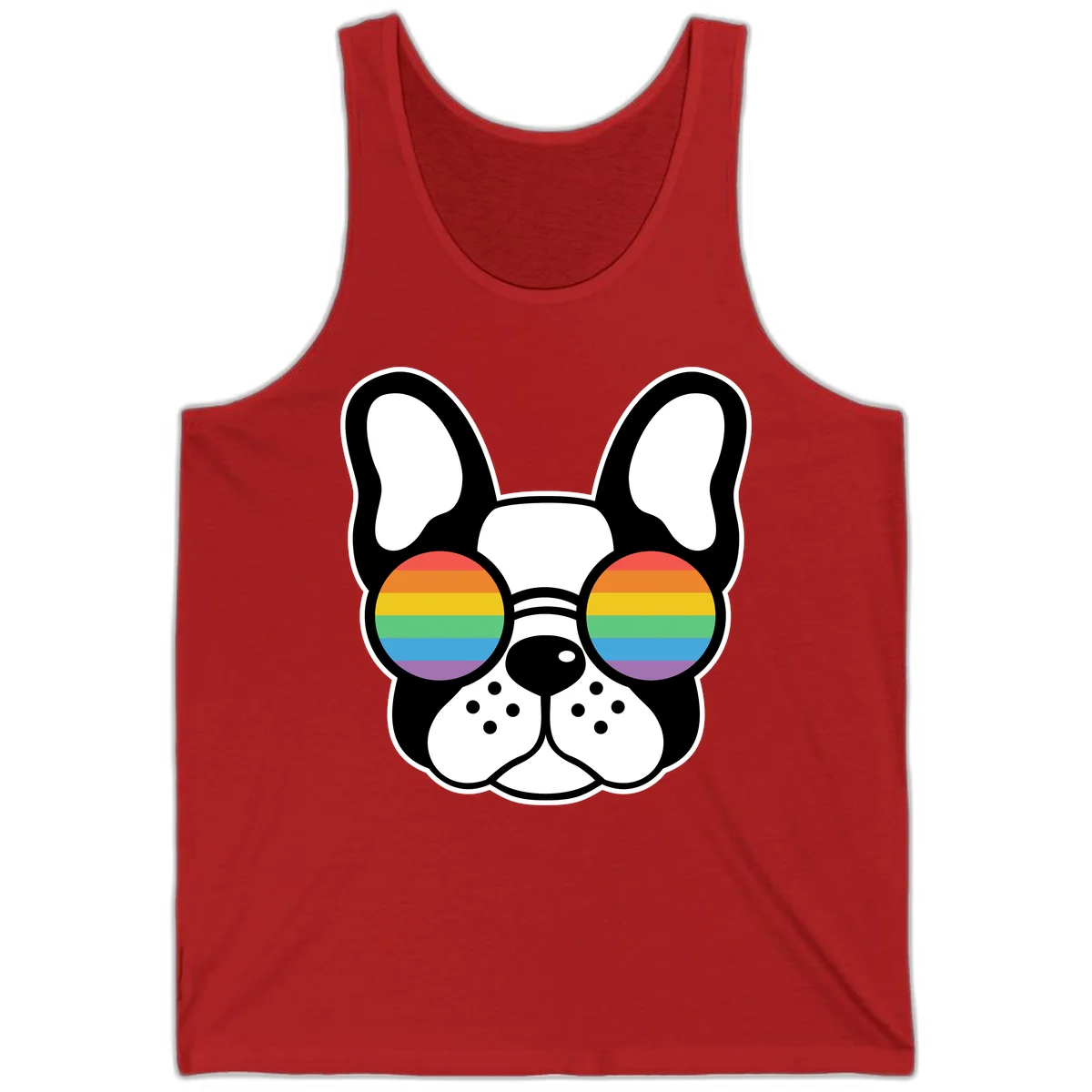 Black and white French Bulldog wearing round sunglasses with rainbow pride flag stripes in red, orange, yellow, green, blue, and purple. in Red