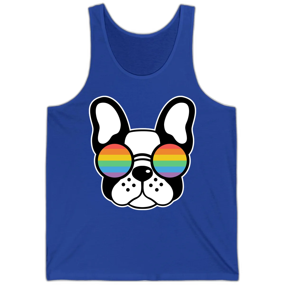 Black and white French Bulldog wearing round sunglasses with rainbow pride flag stripes in red, orange, yellow, green, blue, and purple. in True Royal