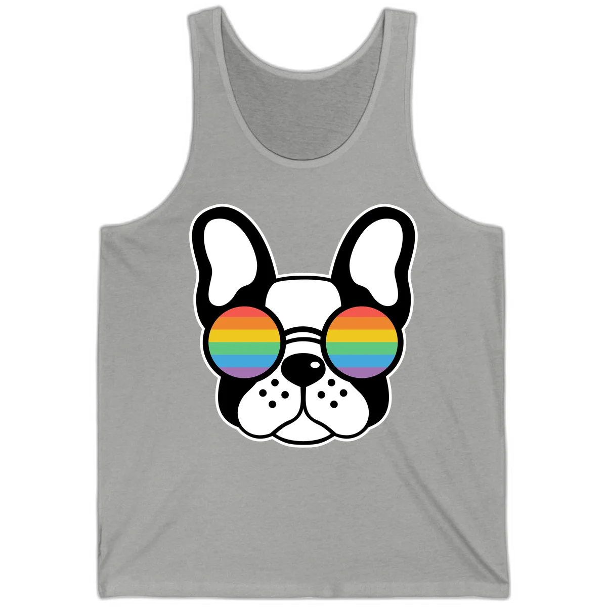 Black and white French Bulldog wearing round sunglasses with rainbow pride flag stripes in red, orange, yellow, green, blue, and purple. in Athletic Heather