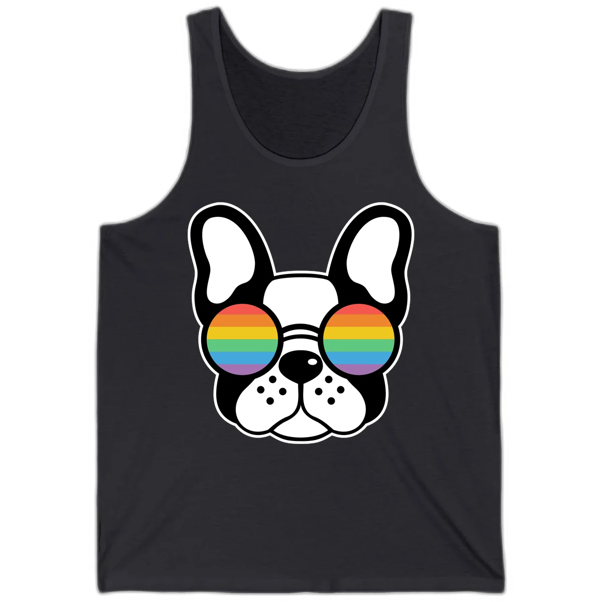 Black and white French Bulldog wearing round sunglasses with rainbow pride flag stripes in red, orange, yellow, green, blue, and purple. in Dark Grey