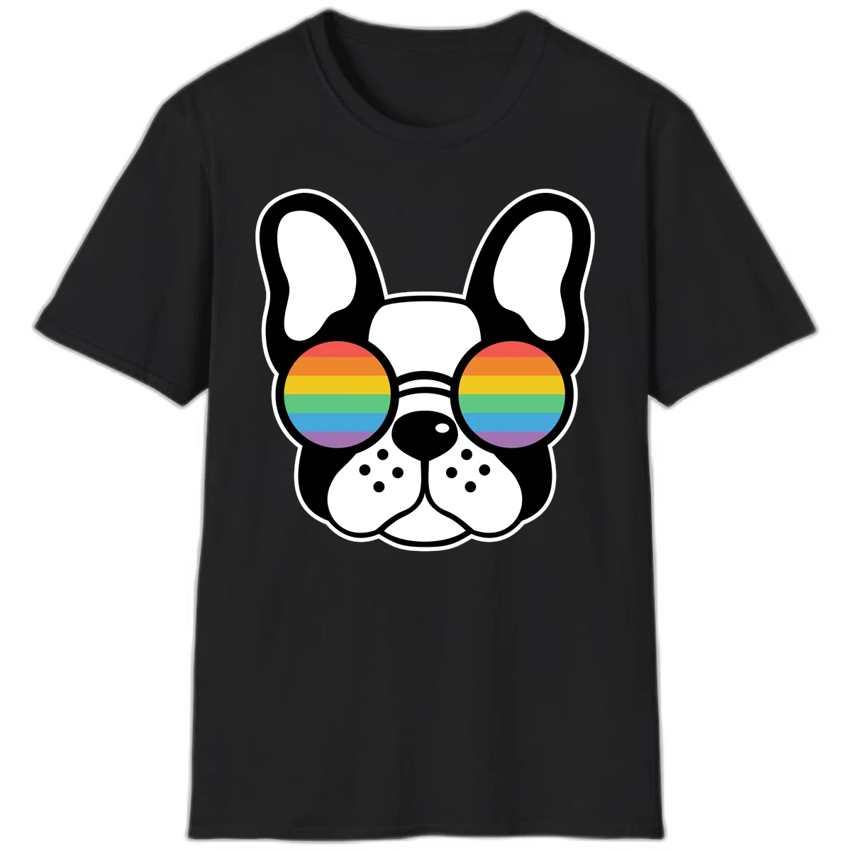 Black and white French Bulldog wearing round sunglasses with rainbow pride flag stripes in red, orange, yellow, green, blue, and purple. in Black