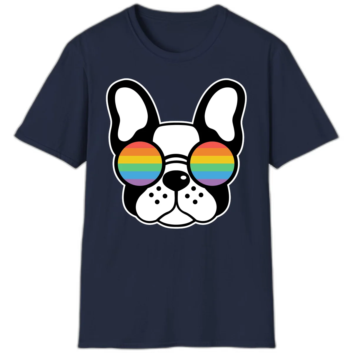 Black and white French Bulldog wearing round sunglasses with rainbow pride flag stripes in red, orange, yellow, green, blue, and purple. in Navy
