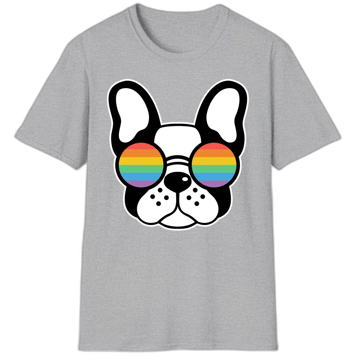 Black and white French Bulldog wearing round sunglasses with rainbow pride flag stripes in red, orange, yellow, green, blue, and purple. in Sport Grey