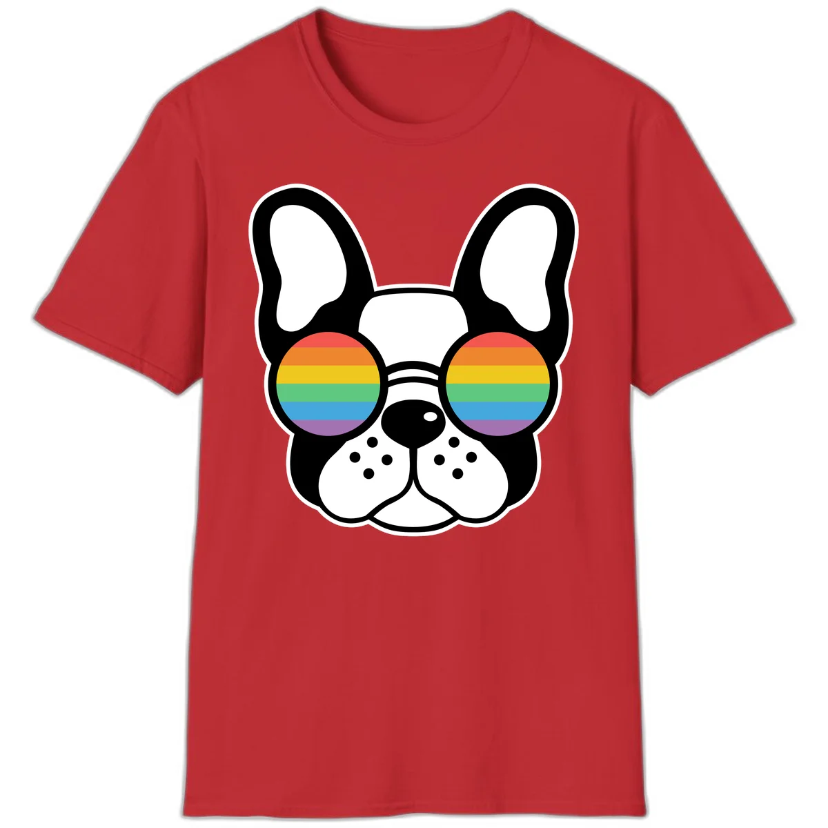 Black and white French Bulldog wearing round sunglasses with rainbow pride flag stripes in red, orange, yellow, green, blue, and purple. in Red