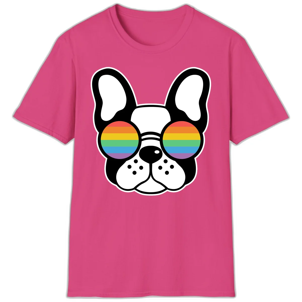 Black and white French Bulldog wearing round sunglasses with rainbow pride flag stripes in red, orange, yellow, green, blue, and purple. in Heliconia