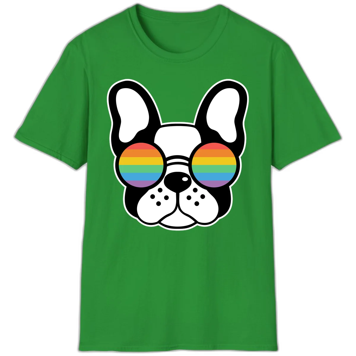 Black and white French Bulldog wearing round sunglasses with rainbow pride flag stripes in red, orange, yellow, green, blue, and purple. in Irish Green