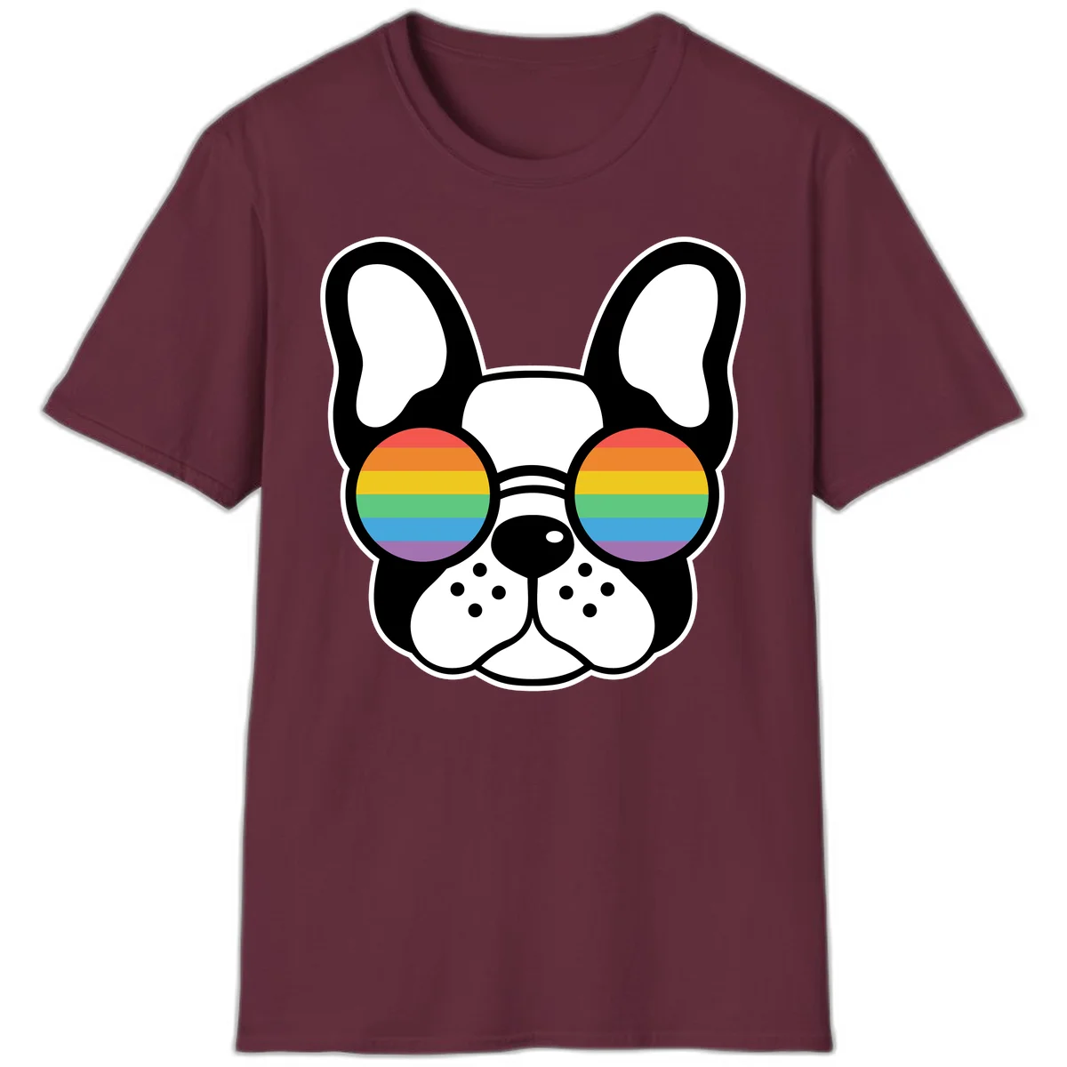 Black and white French Bulldog wearing round sunglasses with rainbow pride flag stripes in red, orange, yellow, green, blue, and purple. in Maroon