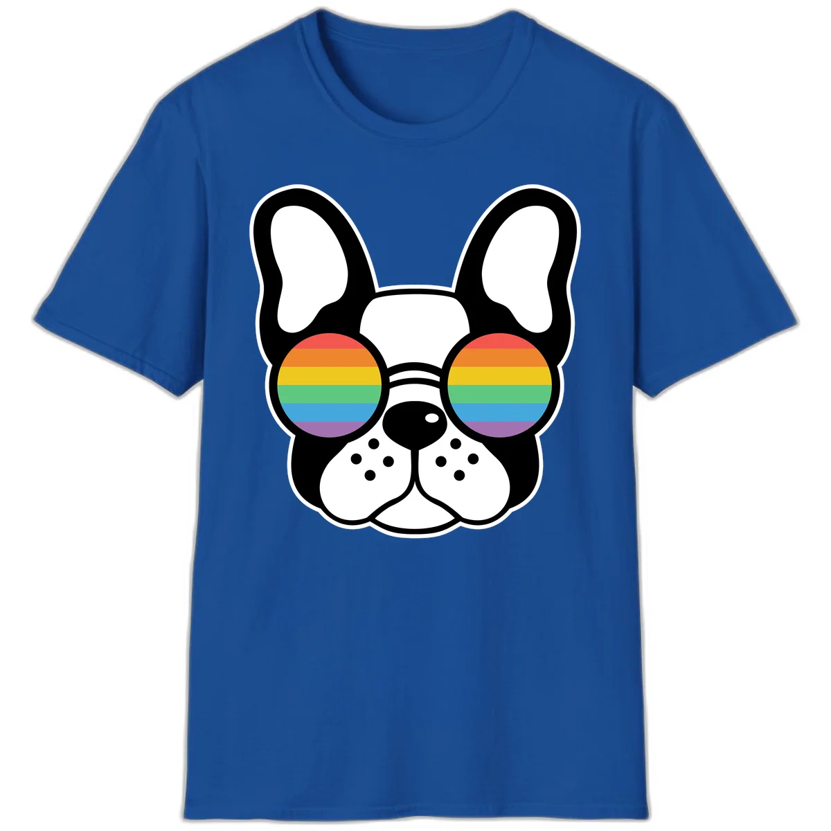Black and white French Bulldog wearing round sunglasses with rainbow pride flag stripes in red, orange, yellow, green, blue, and purple. in Royal