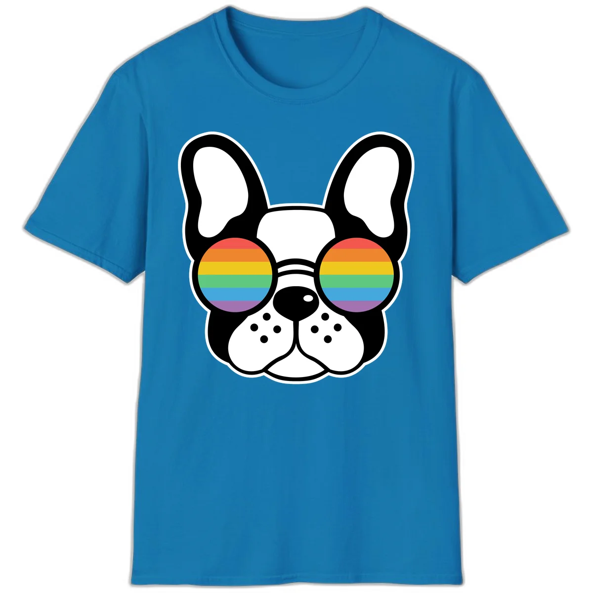 Black and white French Bulldog wearing round sunglasses with rainbow pride flag stripes in red, orange, yellow, green, blue, and purple. in Sapphire