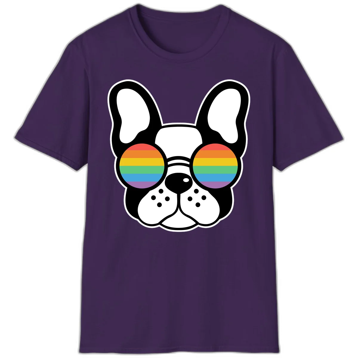 Black and white French Bulldog wearing round sunglasses with rainbow pride flag stripes in red, orange, yellow, green, blue, and purple. in Purple