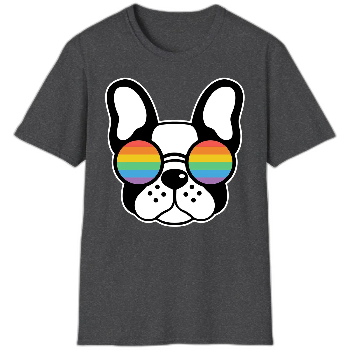 Black and white French Bulldog wearing round sunglasses with rainbow pride flag stripes in red, orange, yellow, green, blue, and purple. in Dark Heather