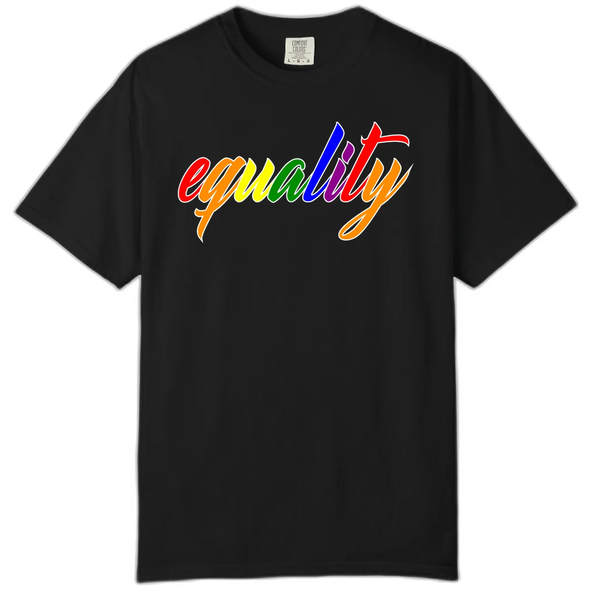 Colorful cursive word 'equality' with each letter in rainbow pride colors on gray background in Black