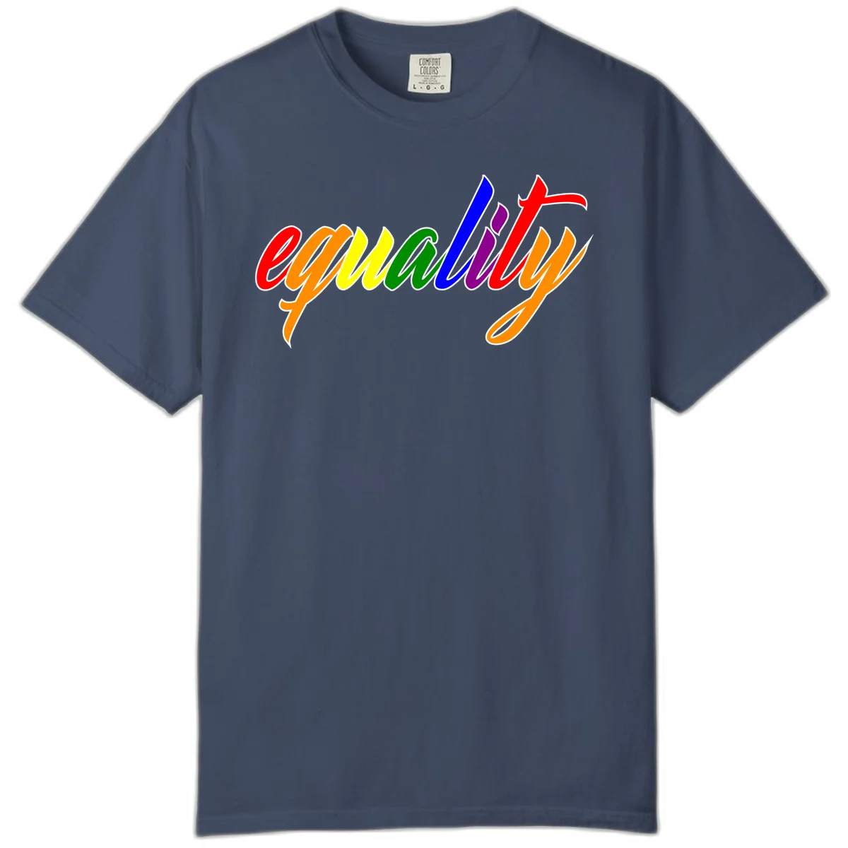 Colorful cursive word 'equality' with each letter in rainbow pride colors on gray background in Midnight
