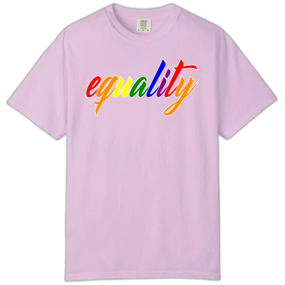 Colorful cursive word 'equality' with each letter in rainbow pride colors on gray background in Orchid