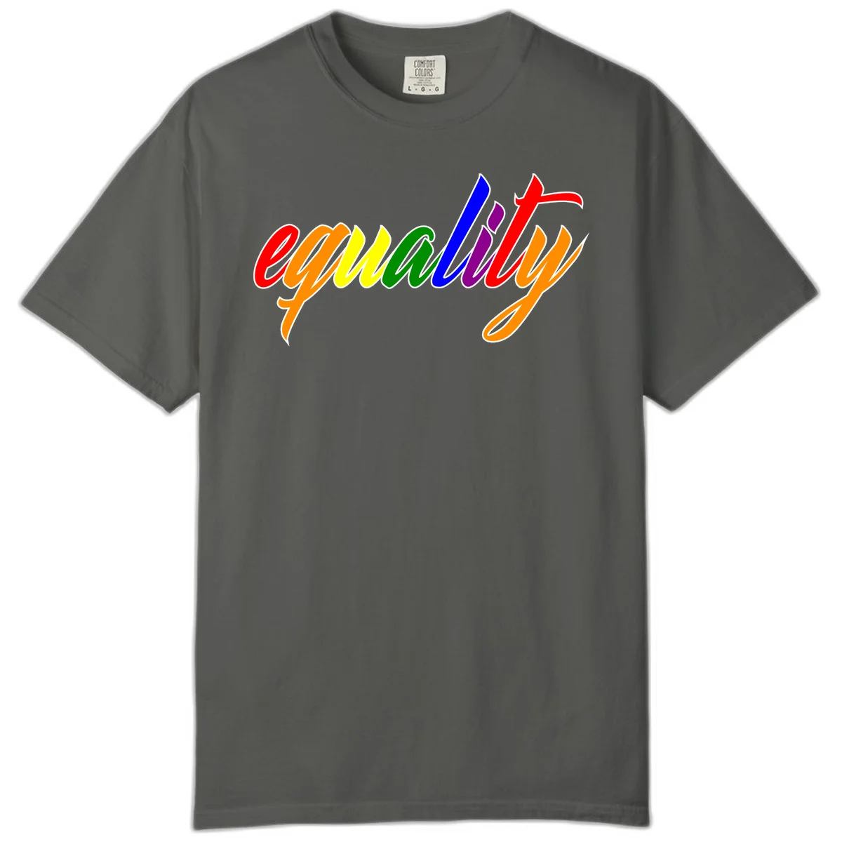 Colorful cursive word 'equality' with each letter in rainbow pride colors on gray background in Pepper