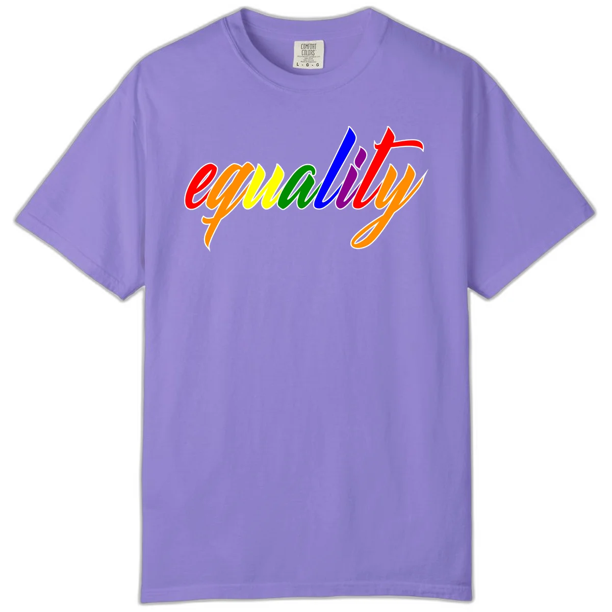 Colorful cursive word 'equality' with each letter in rainbow pride colors on gray background in Violet