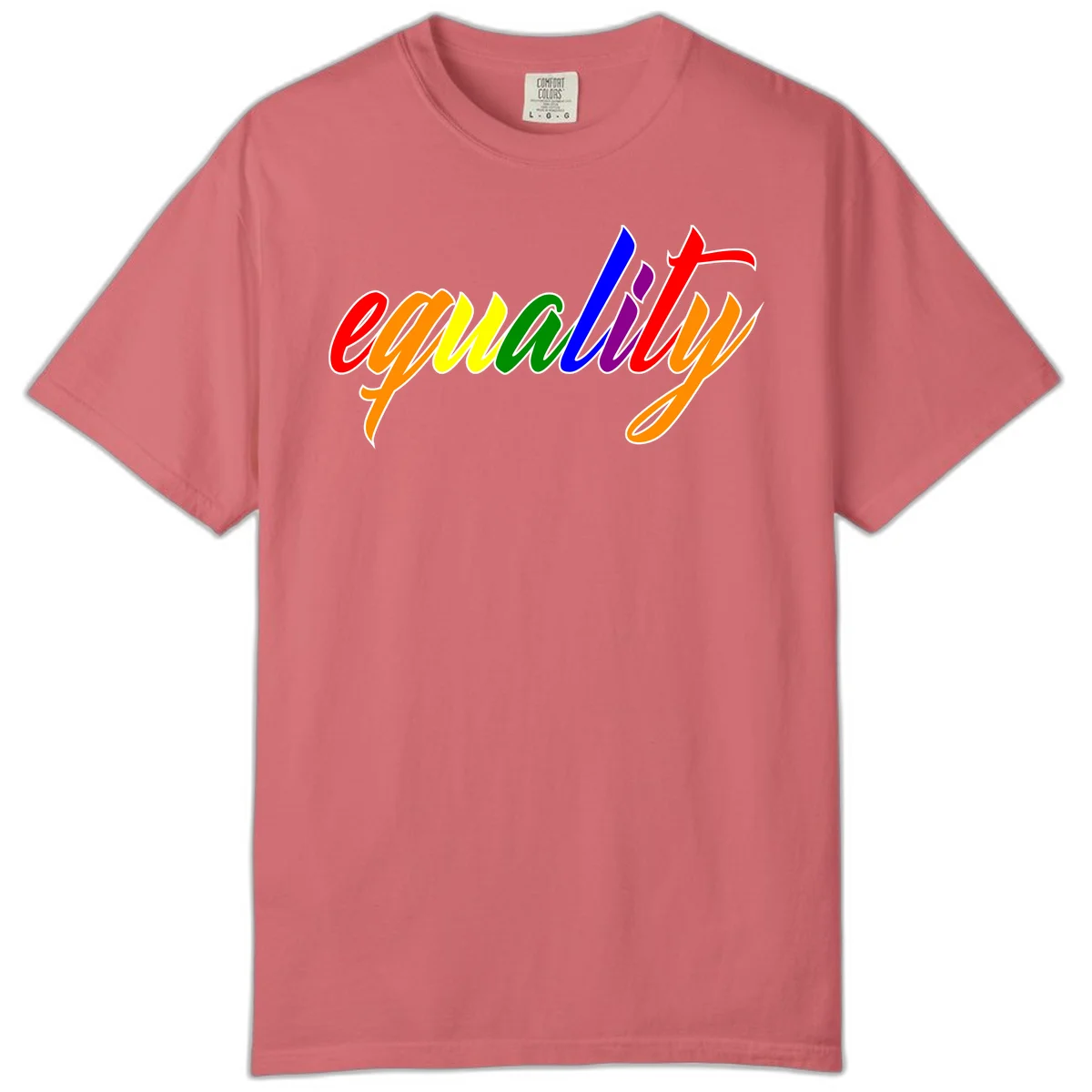Colorful cursive word 'equality' with each letter in rainbow pride colors on gray background in Watermelon