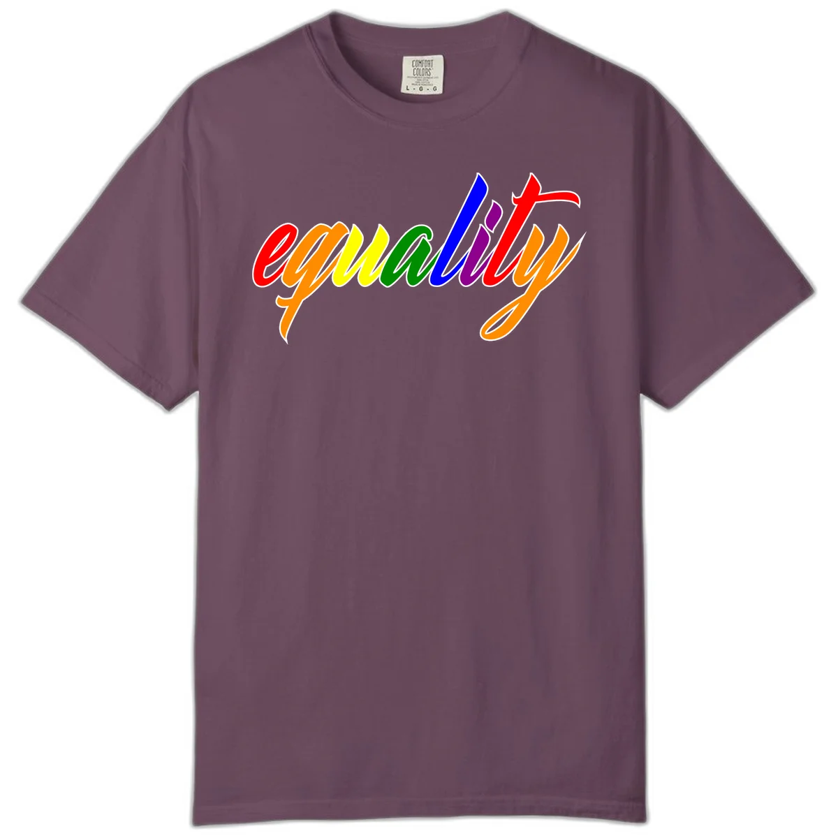 Colorful cursive word 'equality' with each letter in rainbow pride colors on gray background in Berry