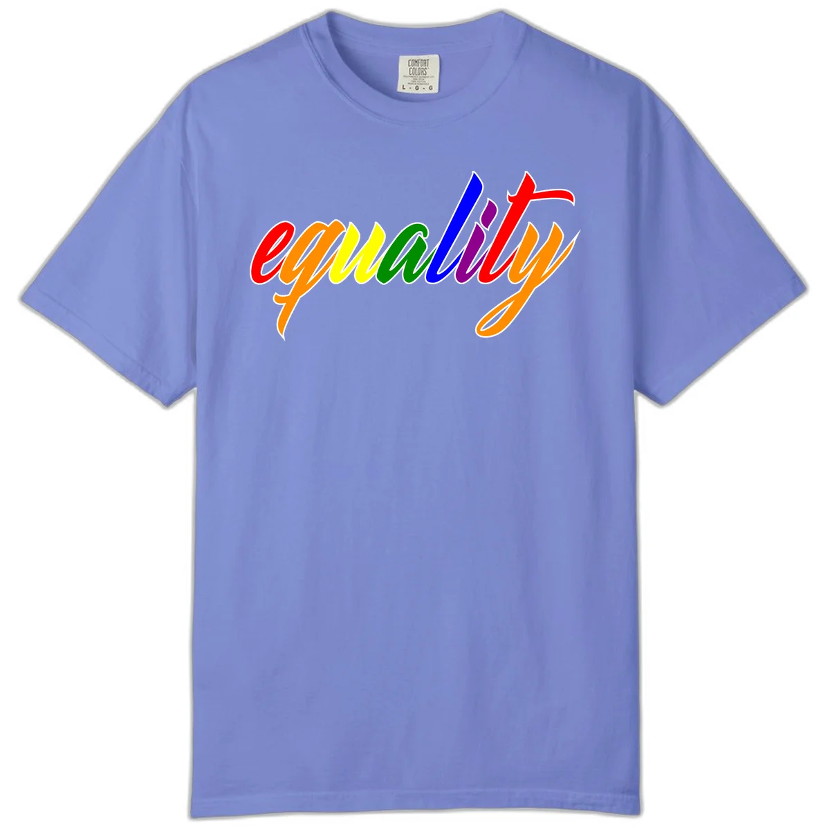 Colorful cursive word 'equality' with each letter in rainbow pride colors on gray background in Flo Blue