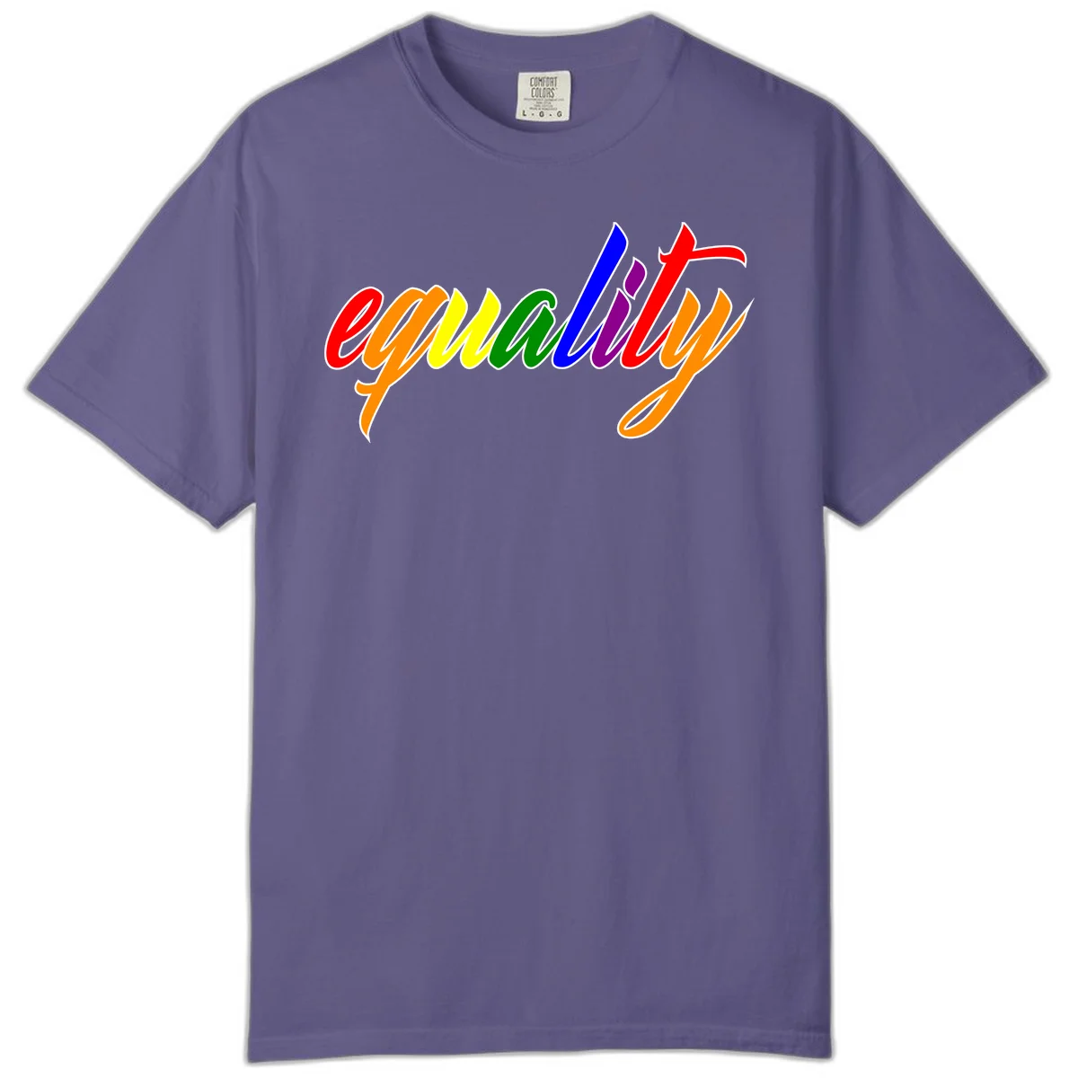 Colorful cursive word 'equality' with each letter in rainbow pride colors on gray background in Grape