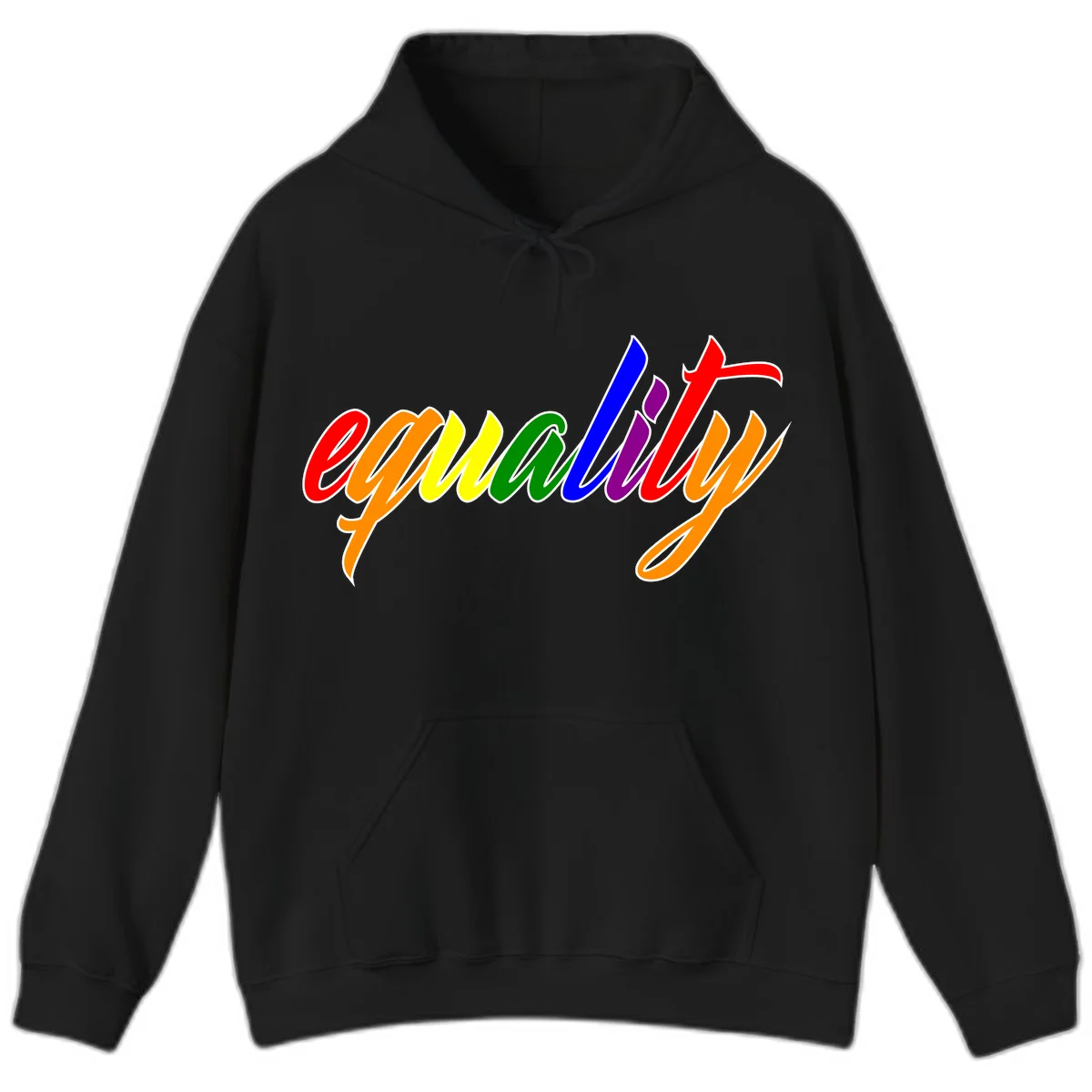 Colorful cursive word 'equality' with each letter in rainbow pride colors on gray background in Black