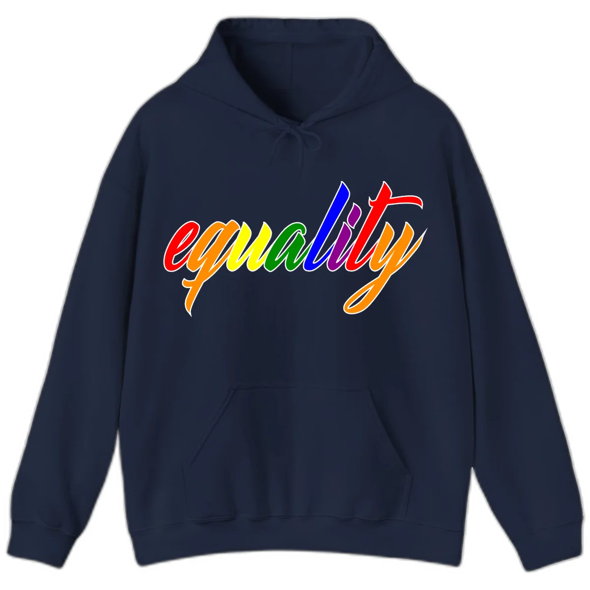 Colorful cursive word 'equality' with each letter in rainbow pride colors on gray background in Navy