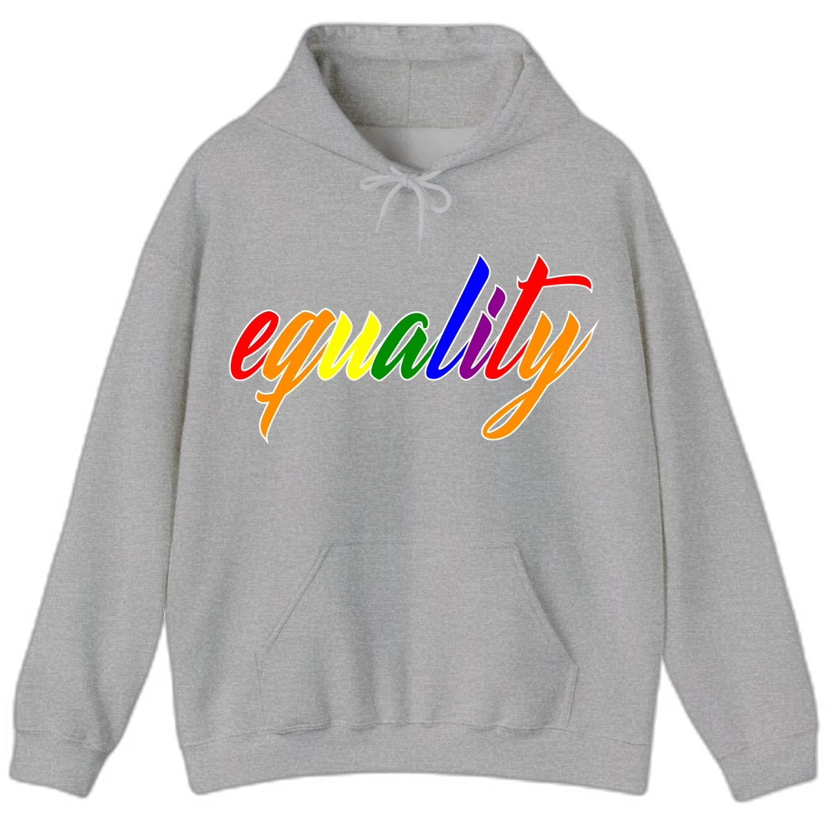 Colorful cursive word 'equality' with each letter in rainbow pride colors on gray background in Sport Grey