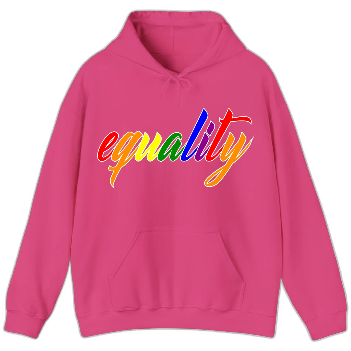 Colorful cursive word 'equality' with each letter in rainbow pride colors on gray background in Heliconia