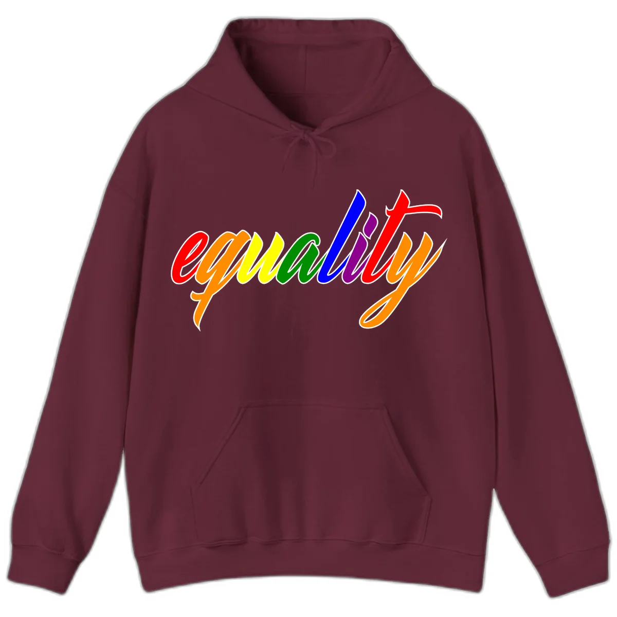Colorful cursive word 'equality' with each letter in rainbow pride colors on gray background in Maroon
