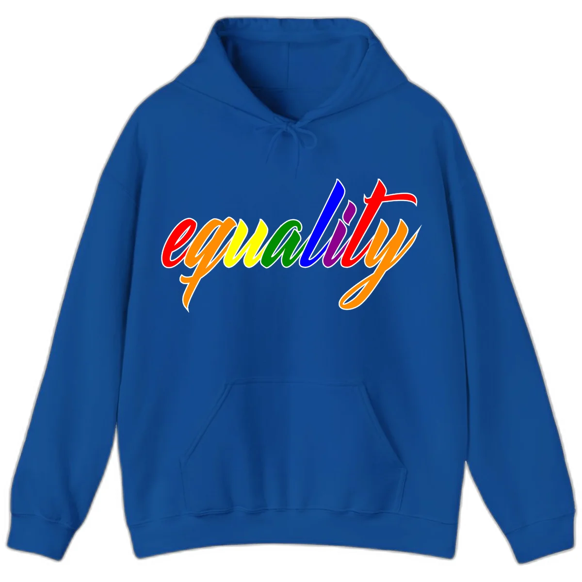 Colorful cursive word 'equality' with each letter in rainbow pride colors on gray background in Royal