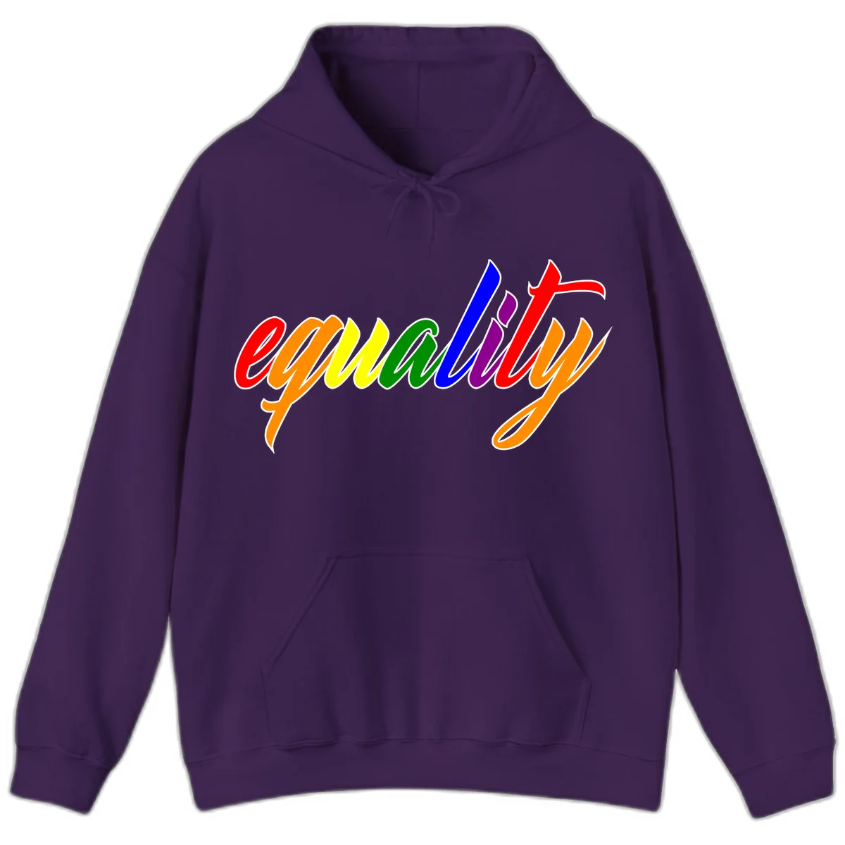 Colorful cursive word 'equality' with each letter in rainbow pride colors on gray background in Purple