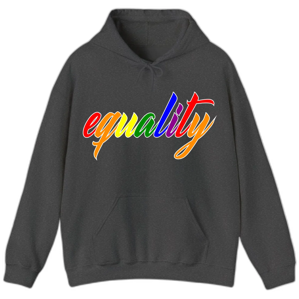 Colorful cursive word 'equality' with each letter in rainbow pride colors on gray background in Dark Heather