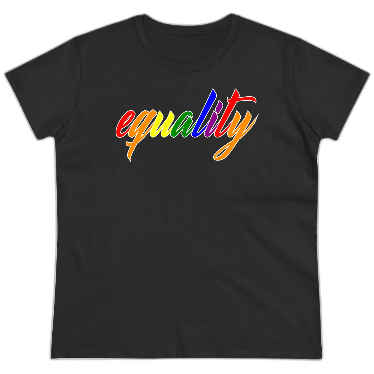 Colorful cursive word 'equality' with each letter in rainbow pride colors on gray background in Black