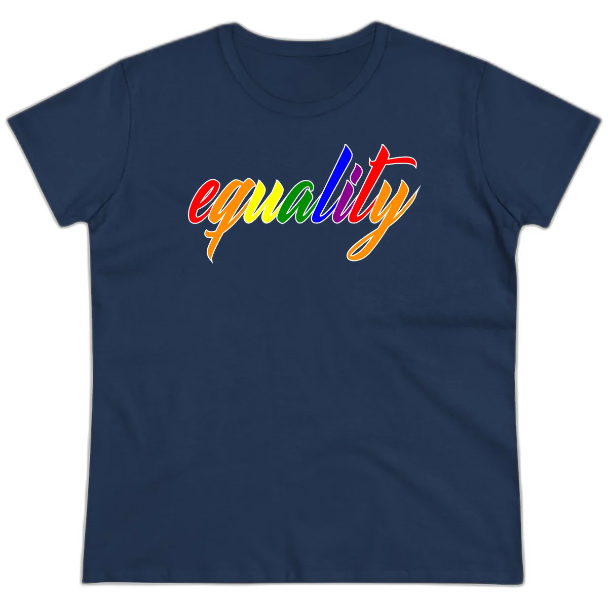 Colorful cursive word 'equality' with each letter in rainbow pride colors on gray background in Navy