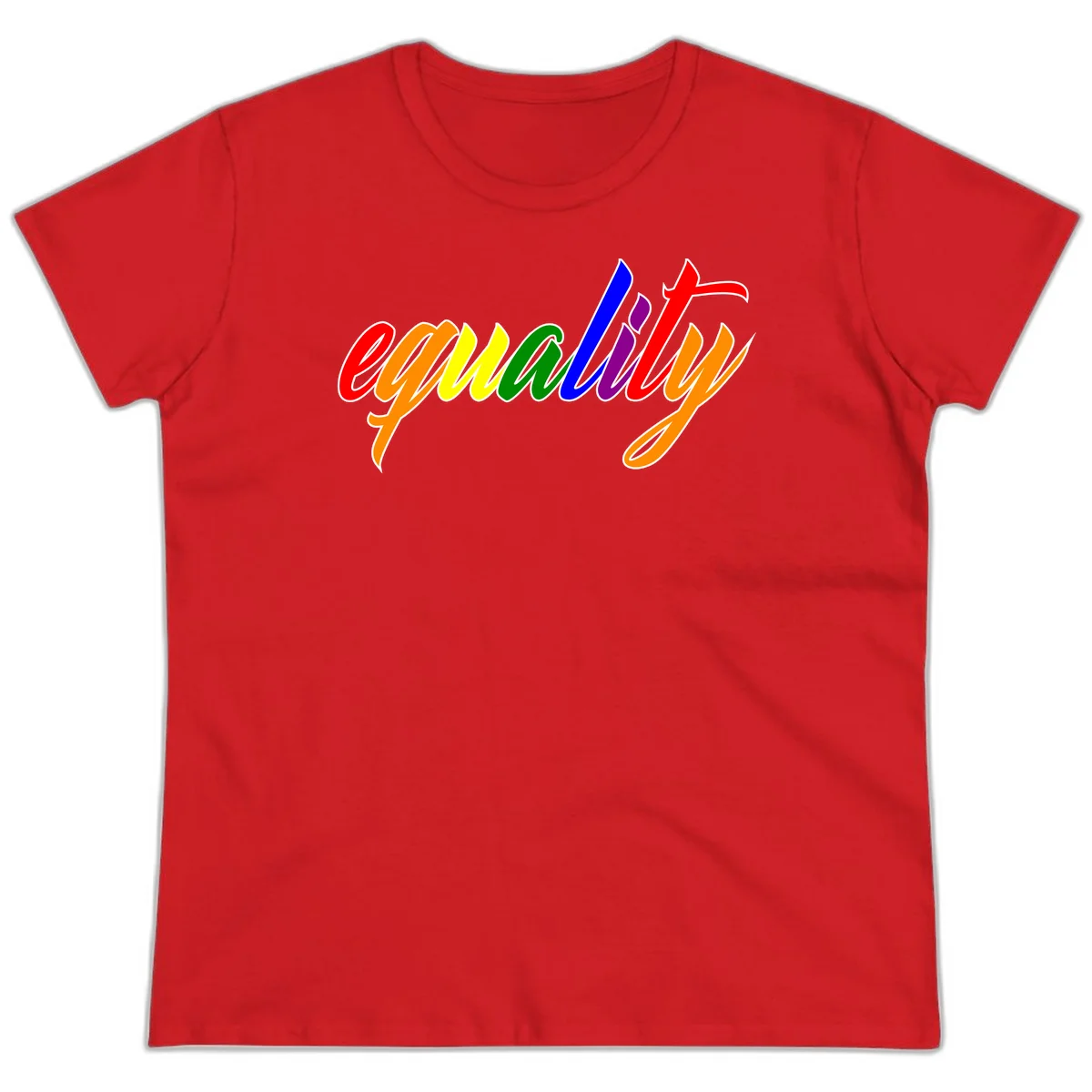 Colorful cursive word 'equality' with each letter in rainbow pride colors on gray background in Red