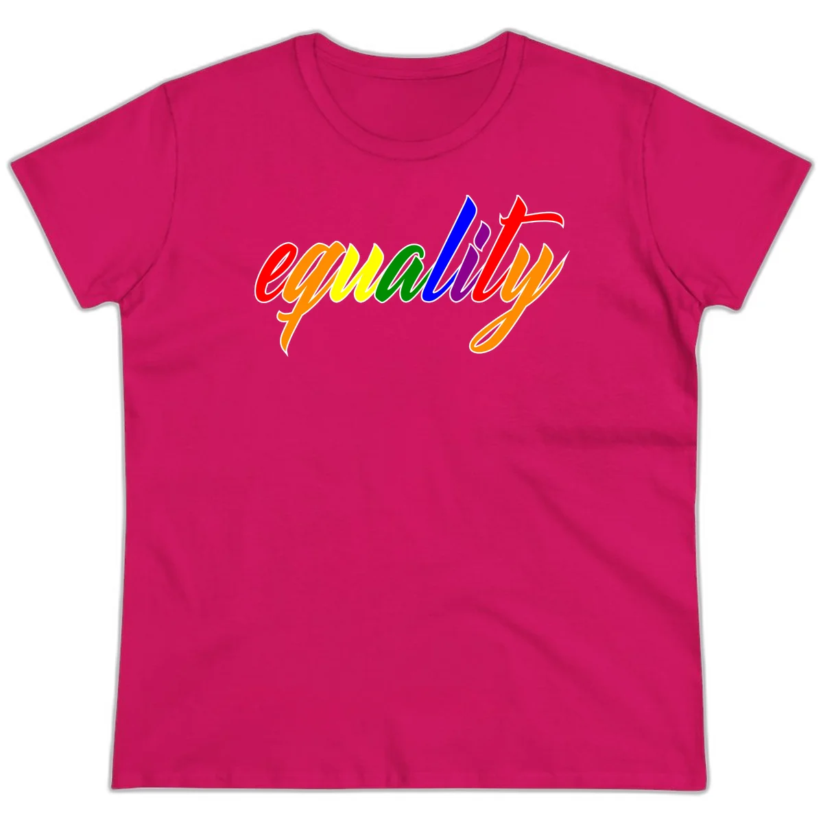 Colorful cursive word 'equality' with each letter in rainbow pride colors on gray background in Heliconia