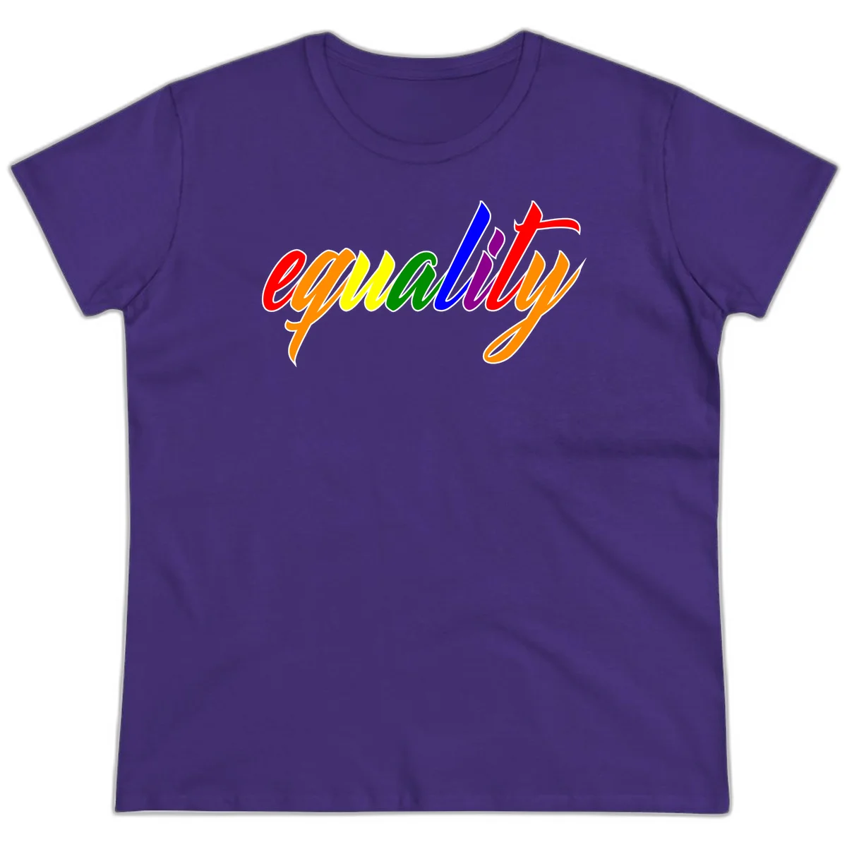 Colorful cursive word 'equality' with each letter in rainbow pride colors on gray background in Purple