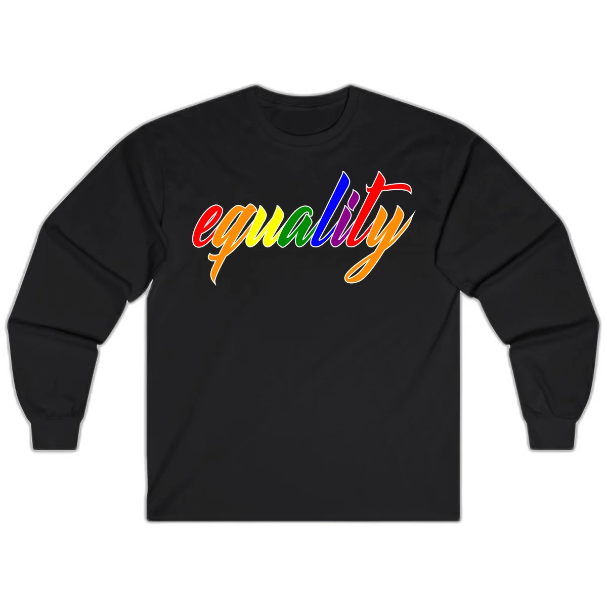 Colorful cursive word 'equality' with each letter in rainbow pride colors on gray background in Black