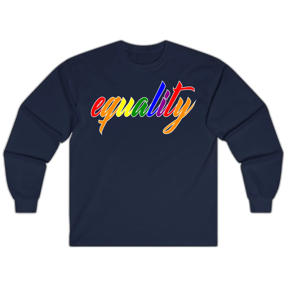 Colorful cursive word 'equality' with each letter in rainbow pride colors on gray background in Navy