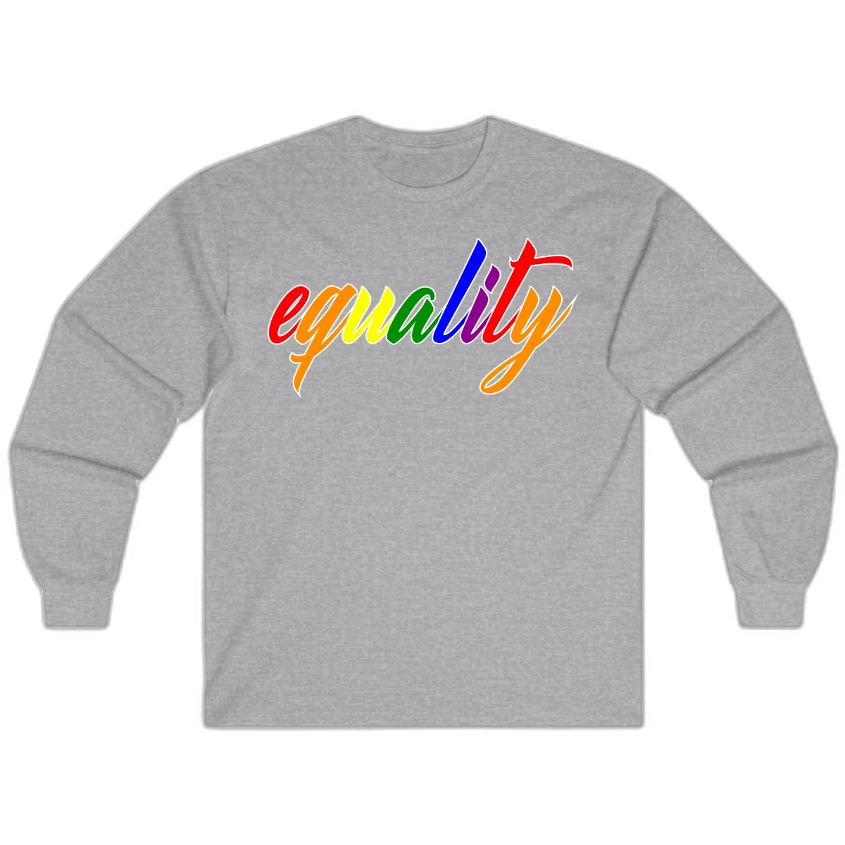 Colorful cursive word 'equality' with each letter in rainbow pride colors on gray background in Sport Grey