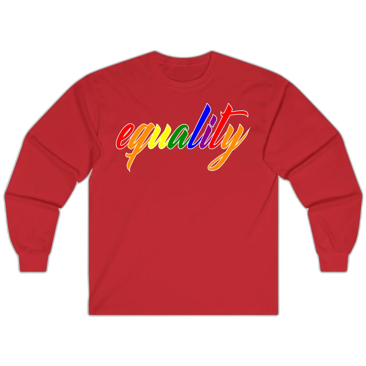 Colorful cursive word 'equality' with each letter in rainbow pride colors on gray background in Red
