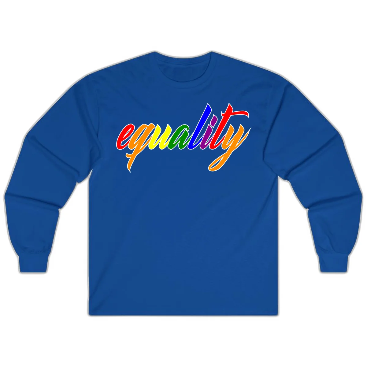 Colorful cursive word 'equality' with each letter in rainbow pride colors on gray background in Royal