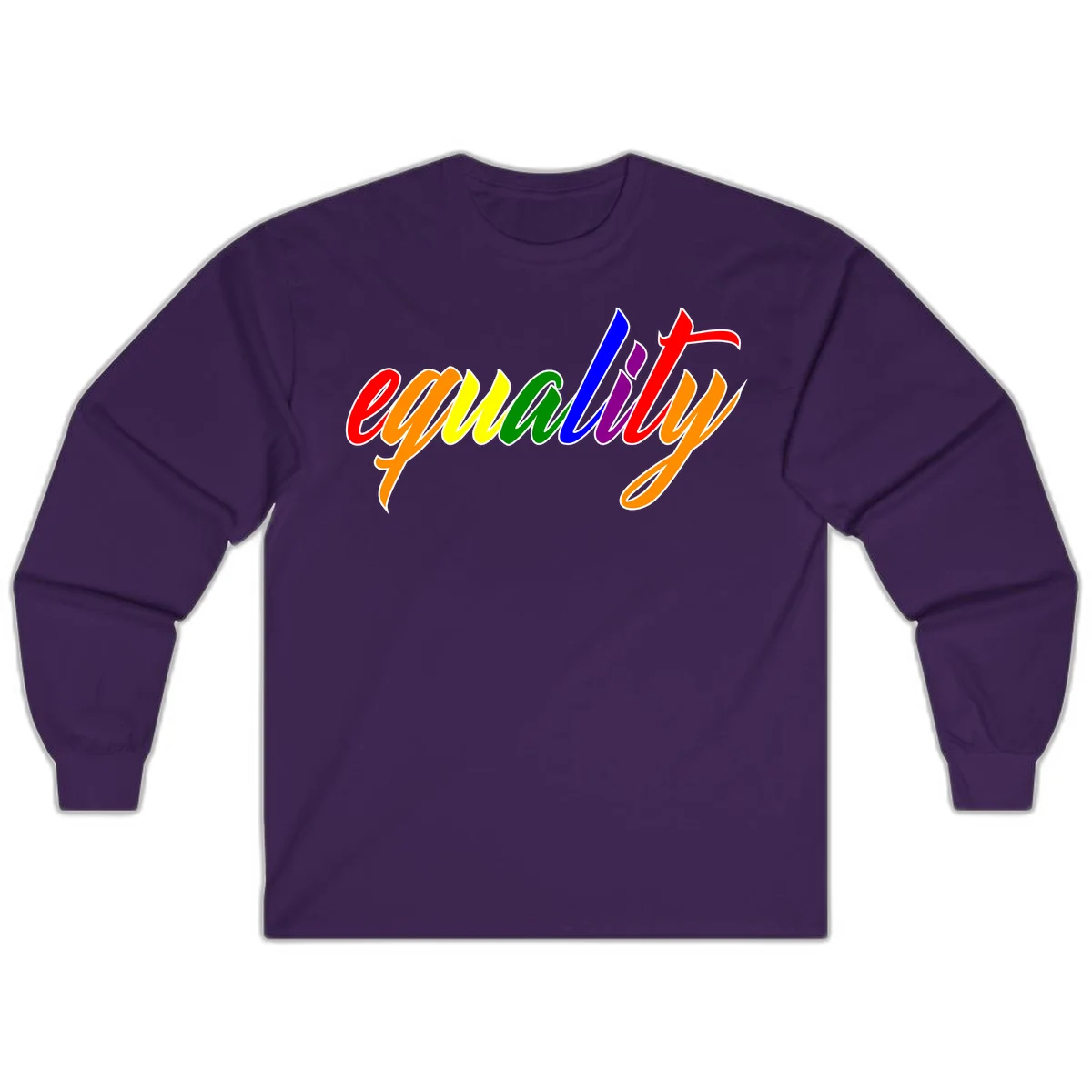 Colorful cursive word 'equality' with each letter in rainbow pride colors on gray background in Purple